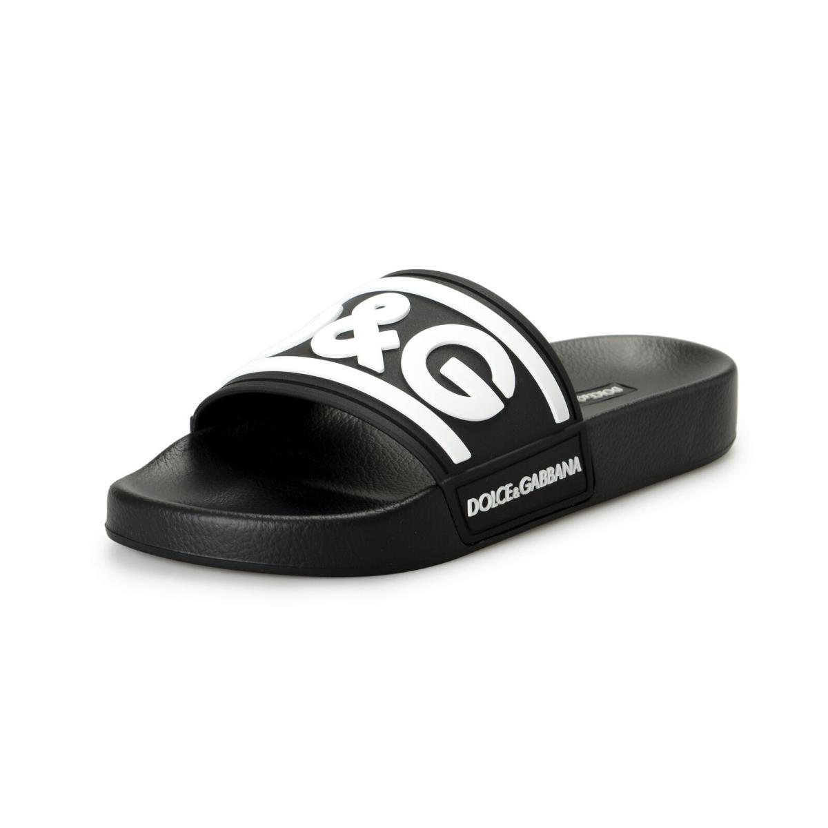 Dolce Gabbana Women`s Black White Logo Print Rubber Flip Flops Sandals Shoes