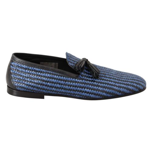 Dolce Gabbana Blue Woven Leather Tassel Loafers Shoes