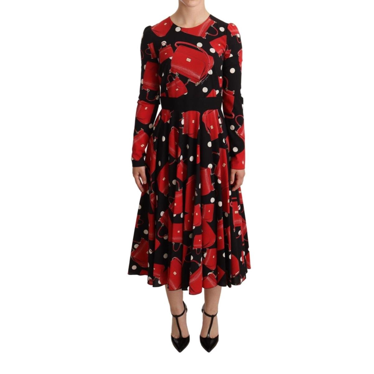 Dolce Gabbana Black Sicily Bag Print Flared Midi Dress