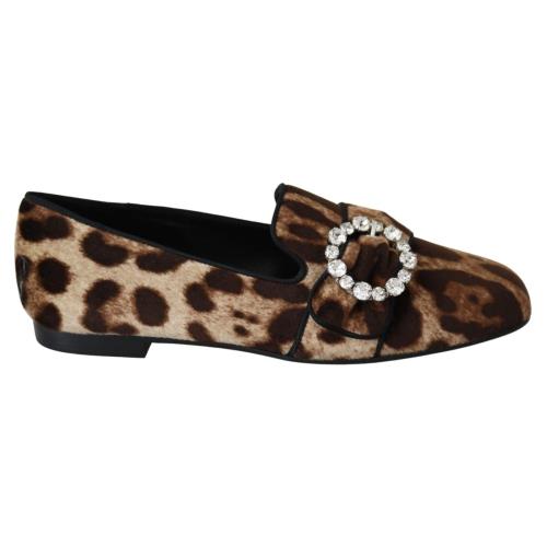 Dolce Gabbana Brown Leopard Print Crystals Loafers Flats Shoes