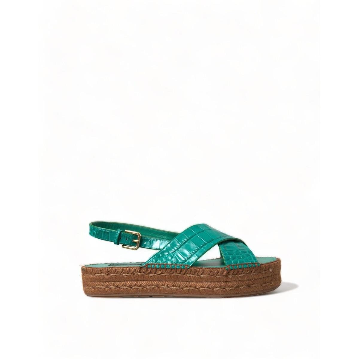 Dolce Gabbana Green Leather Platform Espadrille Sandal Shoes