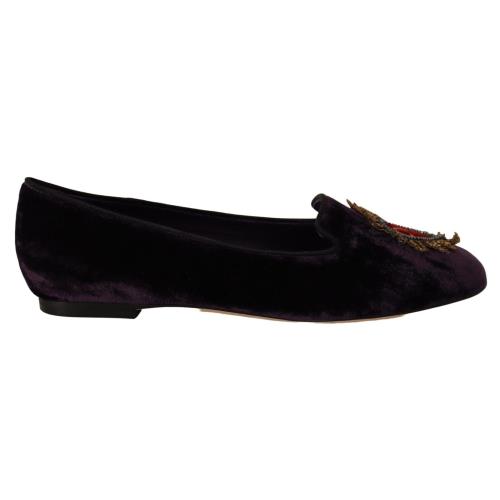 Dolce Gabbana Purple Velvet DG Heart Loafers Flats Shoes