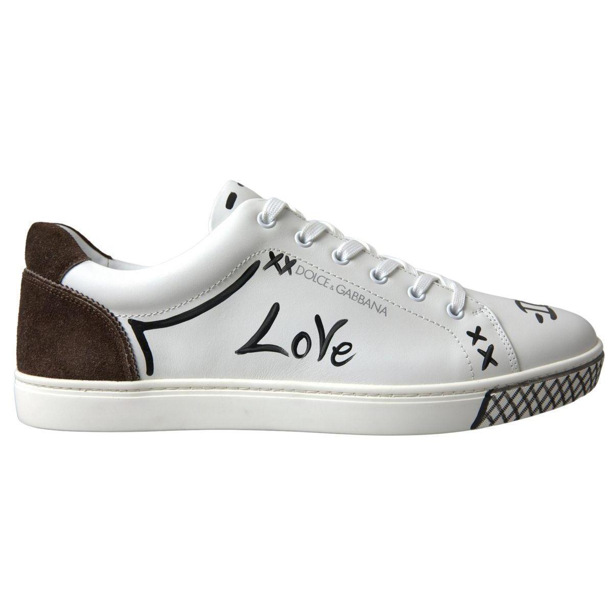 Dolce Gabbana White Leather Brown Love Casual Sneakers