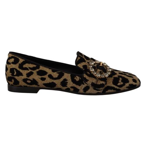 Dolce Gabbana Gold Leopard Print Crystals Loafers Shoes