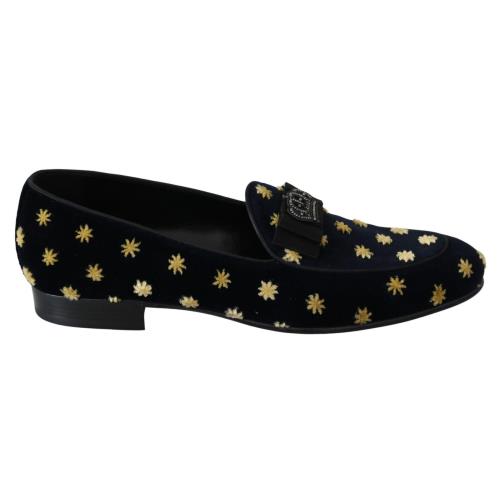 Dolce Gabbana Blue Velvet Crown Slippers Loafers Shoes