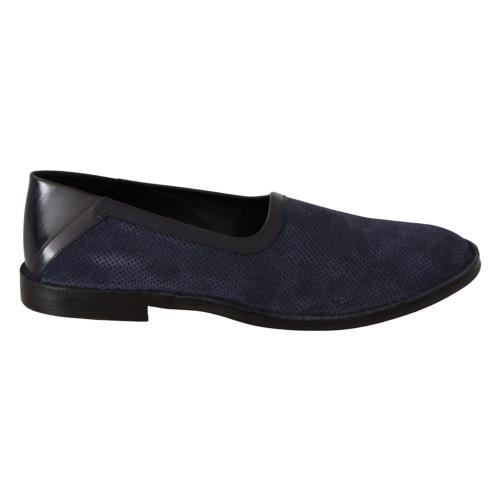 Dolce Gabbana Blue Leather Perforated Slip On Loafers Shoes