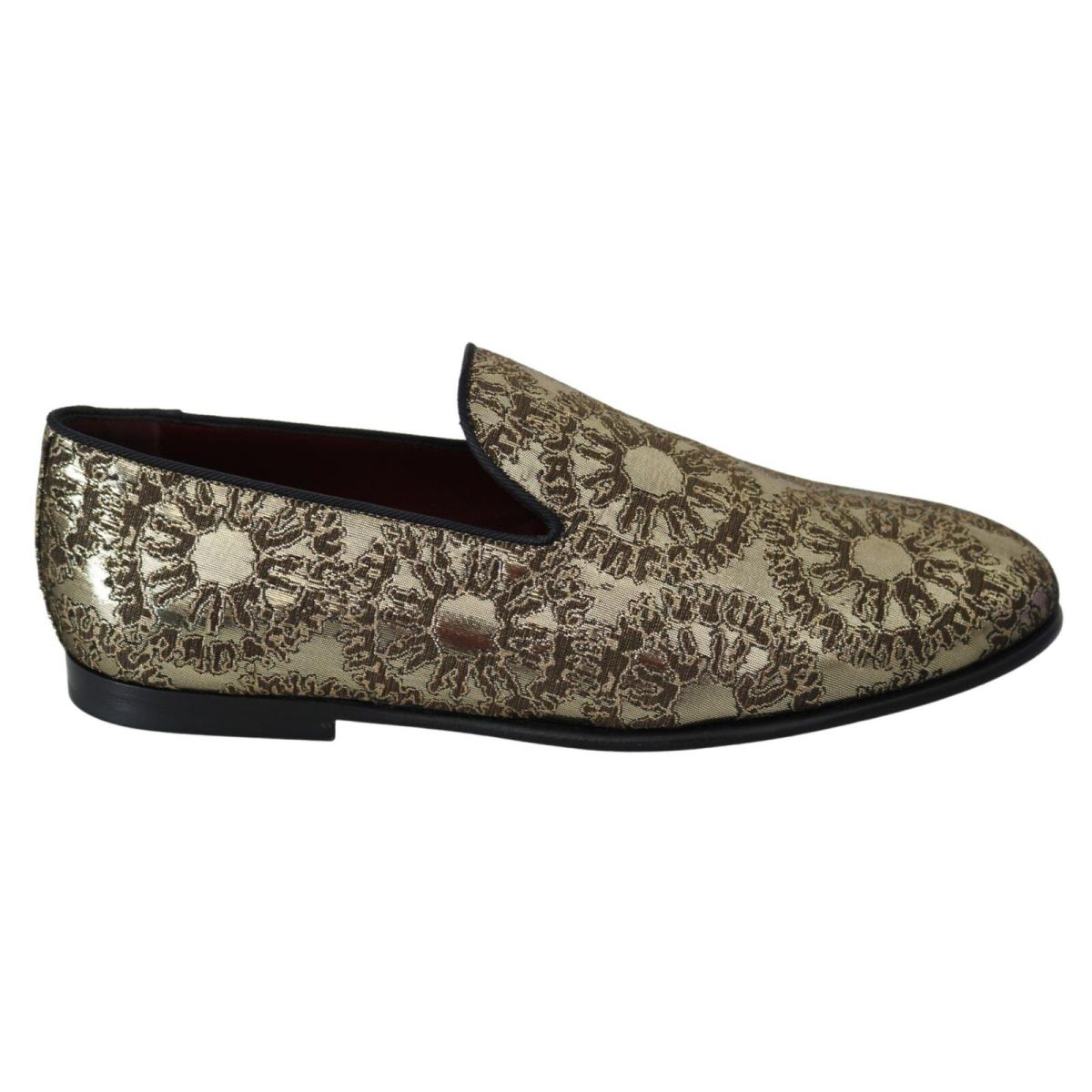 Dolce Gabbana Gold Jacquard Flats Mens Loafers Shoes