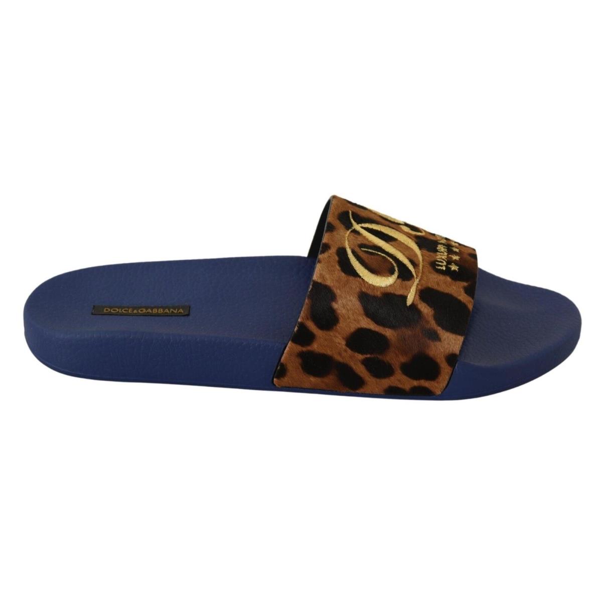 Dolce Gabbana Blue Brown Leopard Logo Rubber Slides Slippers Shoes