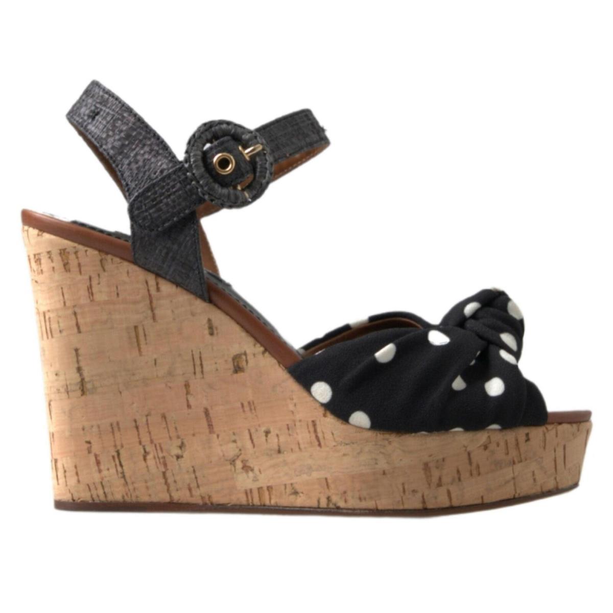 Dolce Gabbana Black Wedges Polka Dotted Ankle Strap Shoes Sandals