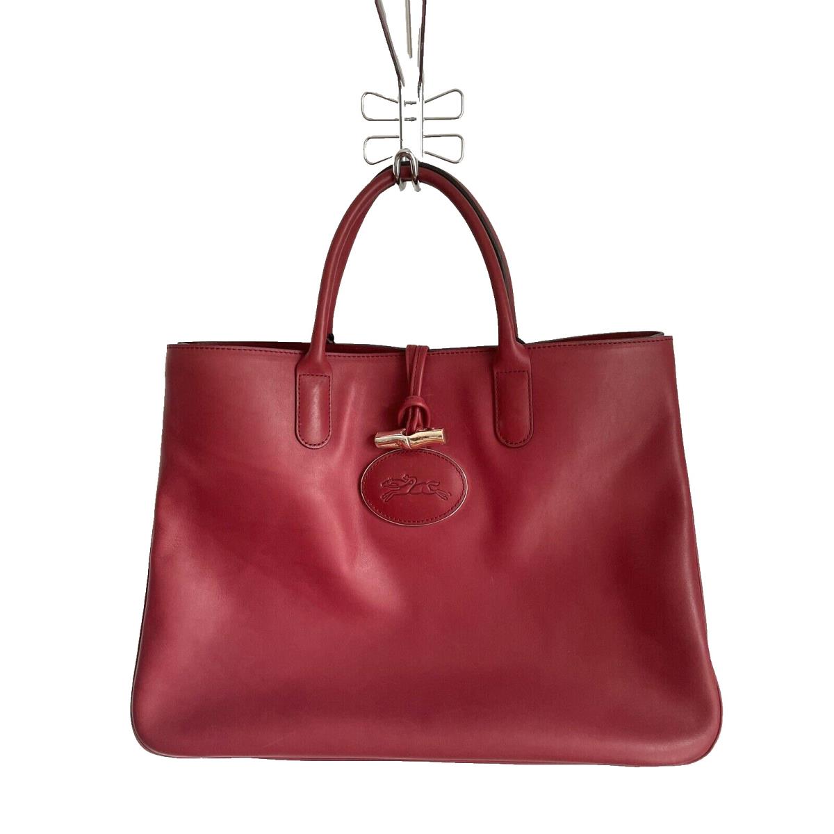 Longchamp Roseau Heritage Red Leather Large Tote Satchel Bag Purse Large