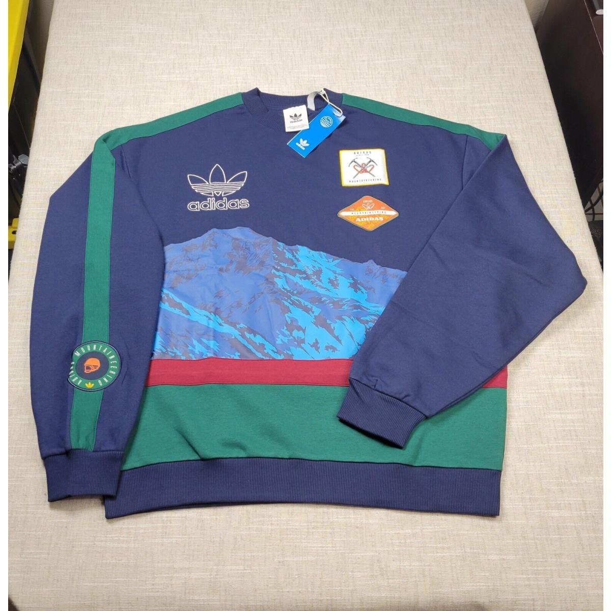 Adidas Sweatshirt Large Mens Blue Green Red Sky Mountain Art Crew Fleece Patch