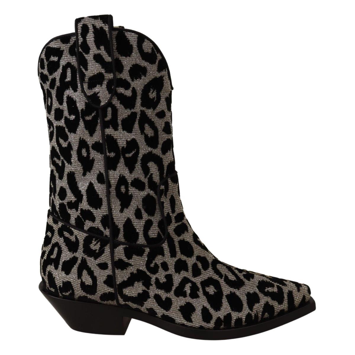 Dolce Gabbana Gray Black Leopard Cowboy Boots Shoes
