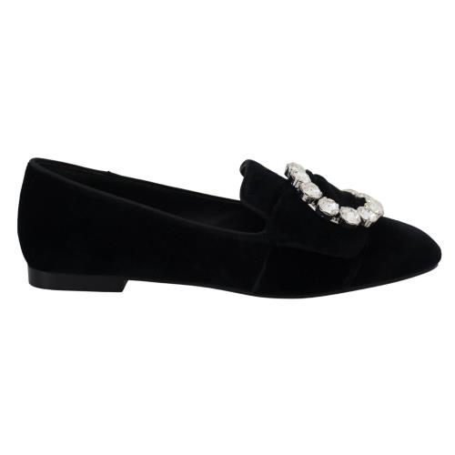 Dolce Gabbana Black Velvet Crystals Loafers Flats Shoes