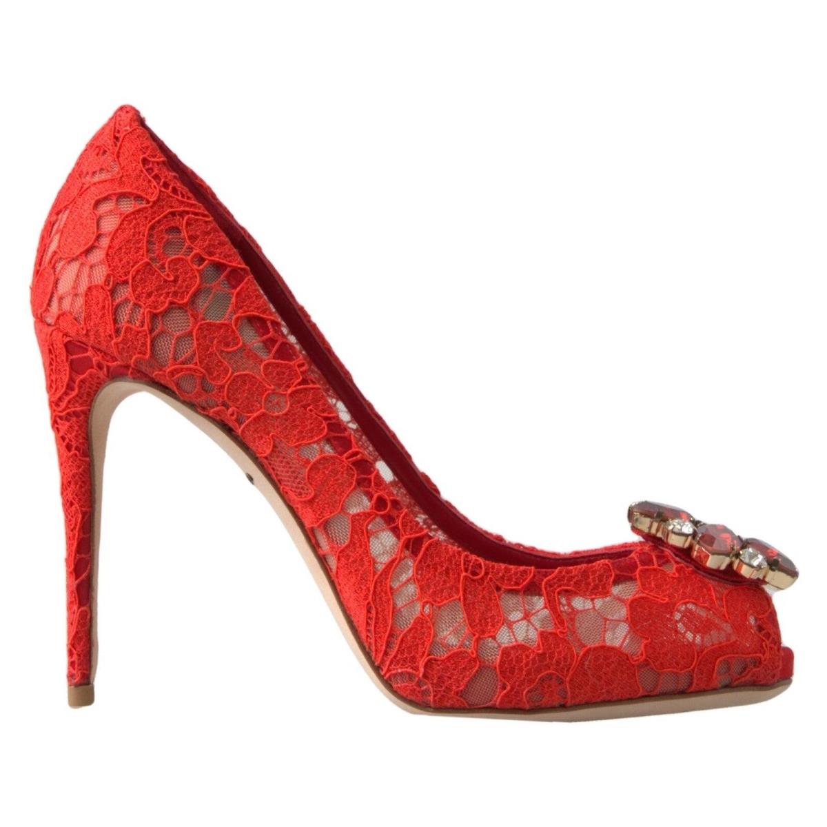 Dolce Gabbana Red Taormina Lace Crystal Heels Pumps Shoes