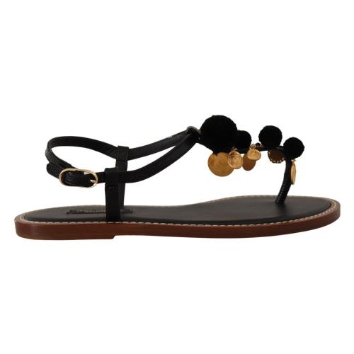 Dolce Gabbana Black Leather Coins Flip Flops Sandals Shoes