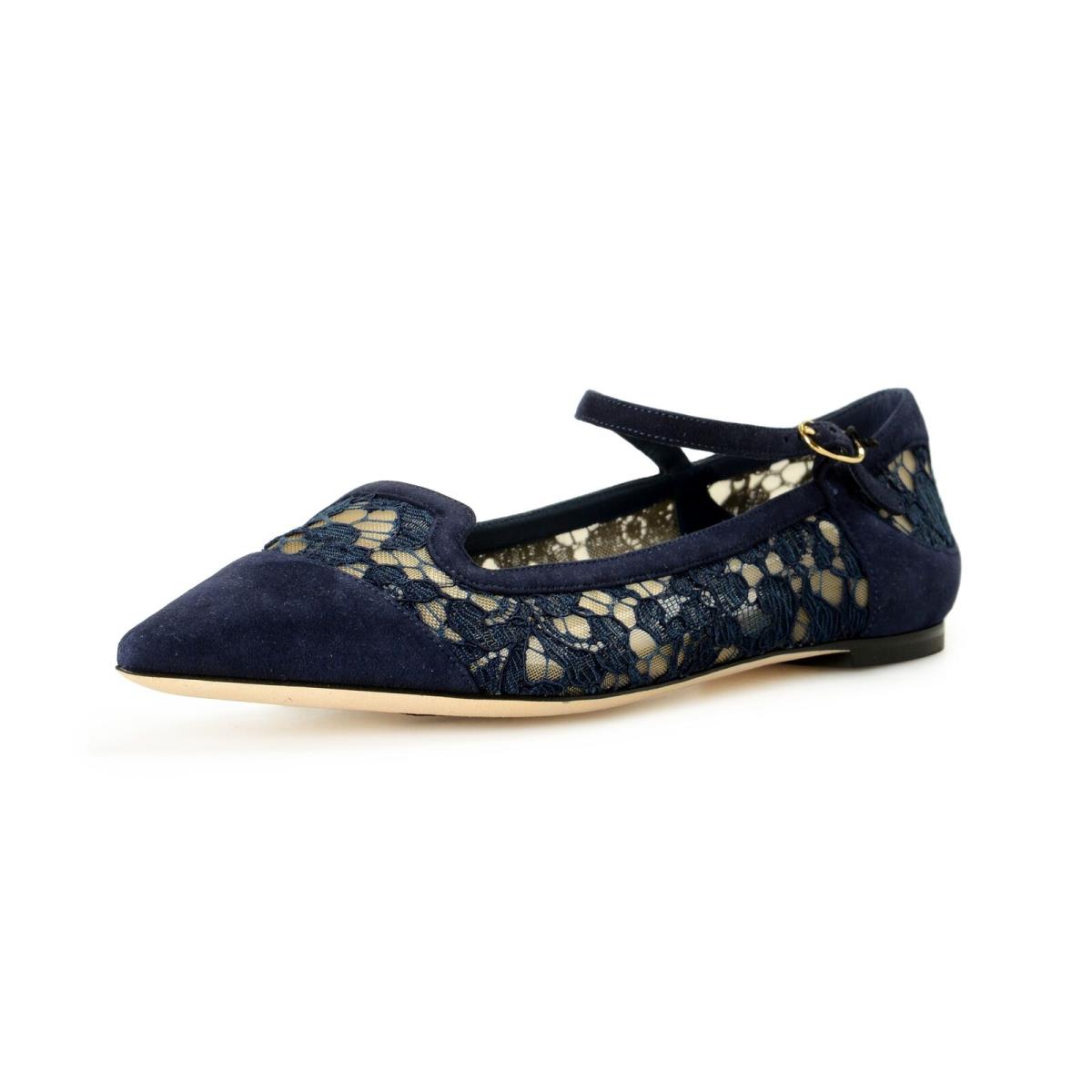 Dolce Gabbana Women`s Navy Blue Lace Leather Ballet Flat Shoes US 7 IT 37