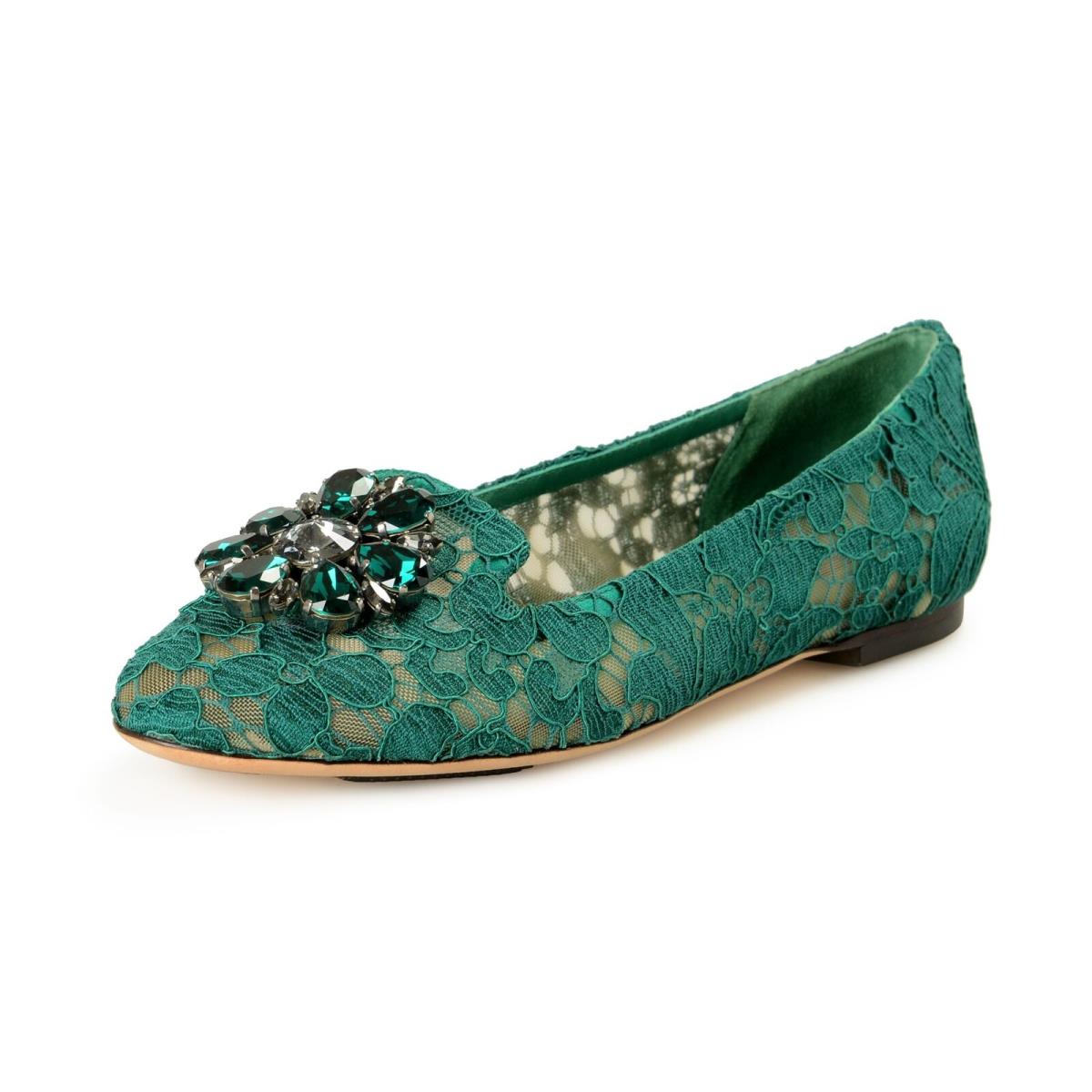 Dolce Gabbana Women`s Green Lace Leather Ballet Flat Shoes US 10.5 IT 40.5