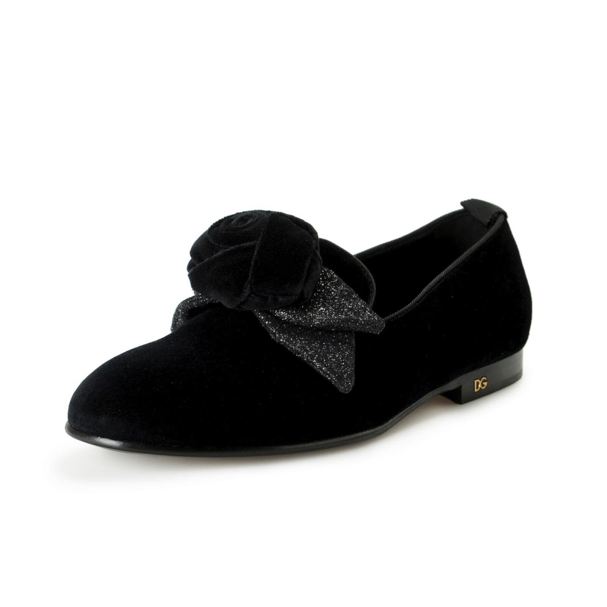 Dolce Gabbana Women`s Black Velour Flats Loafers Slip In Shoes US 7 IT 37