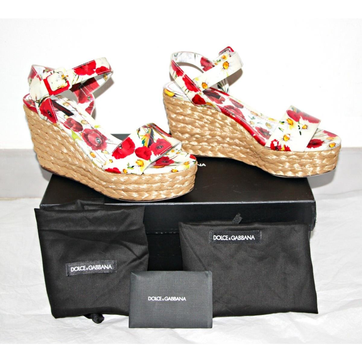 Dolce Gabbana Poppy-daisy Patent Sandal w/ Woven Raffia Wedge US 8/IT 39