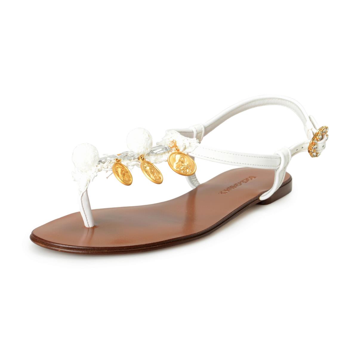 Dolce Gabbana Women`s White Patent Leather Flat Sandals Shoes US 7.5 IT 37.5