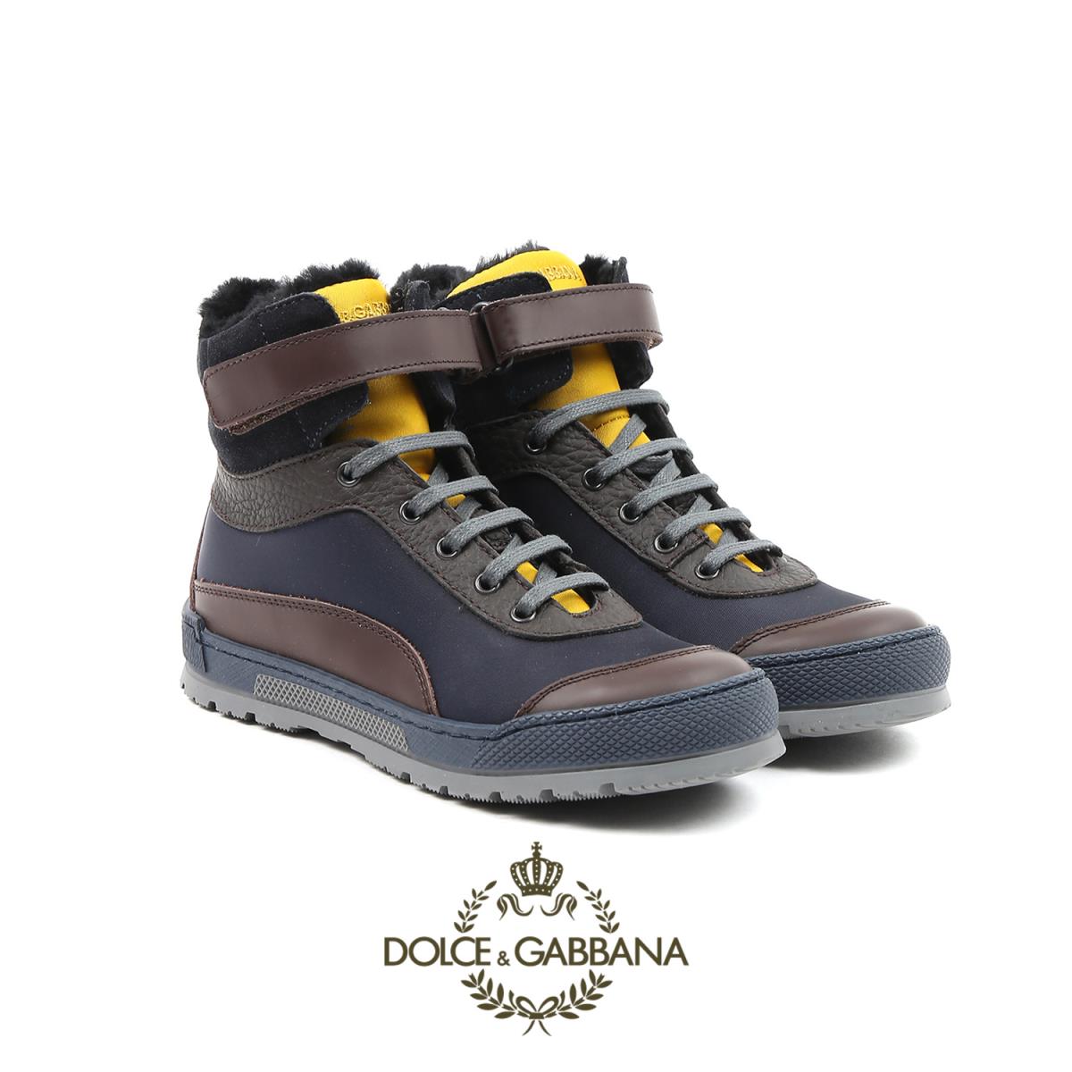 Dolce and Gabbana Brown Blue Leather Boy`s 2 US Eur 33 High Top Sneakers 0044