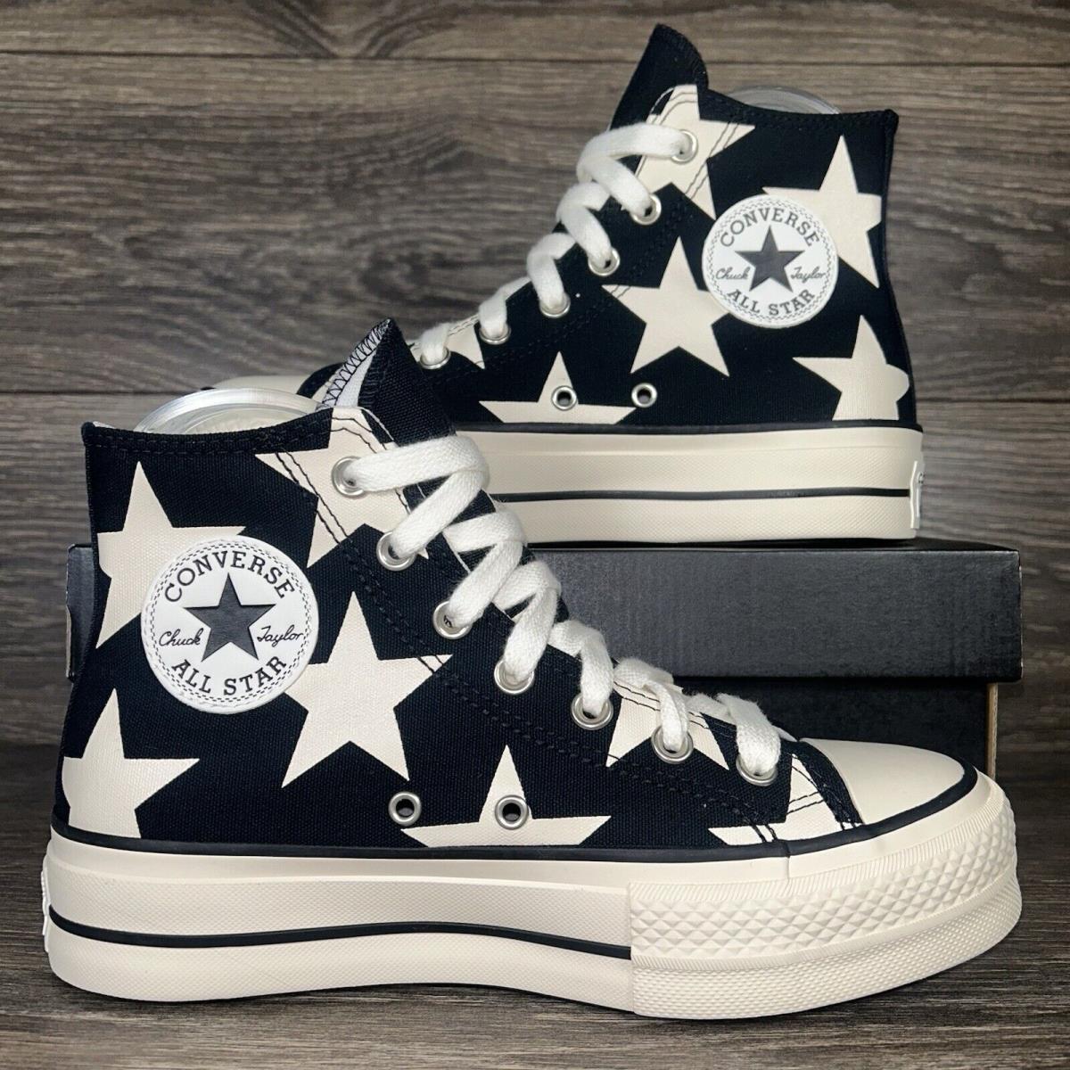 Converse Women`s Chuck Taylor All Star Lift Hi Black White Stars Platform Shoes