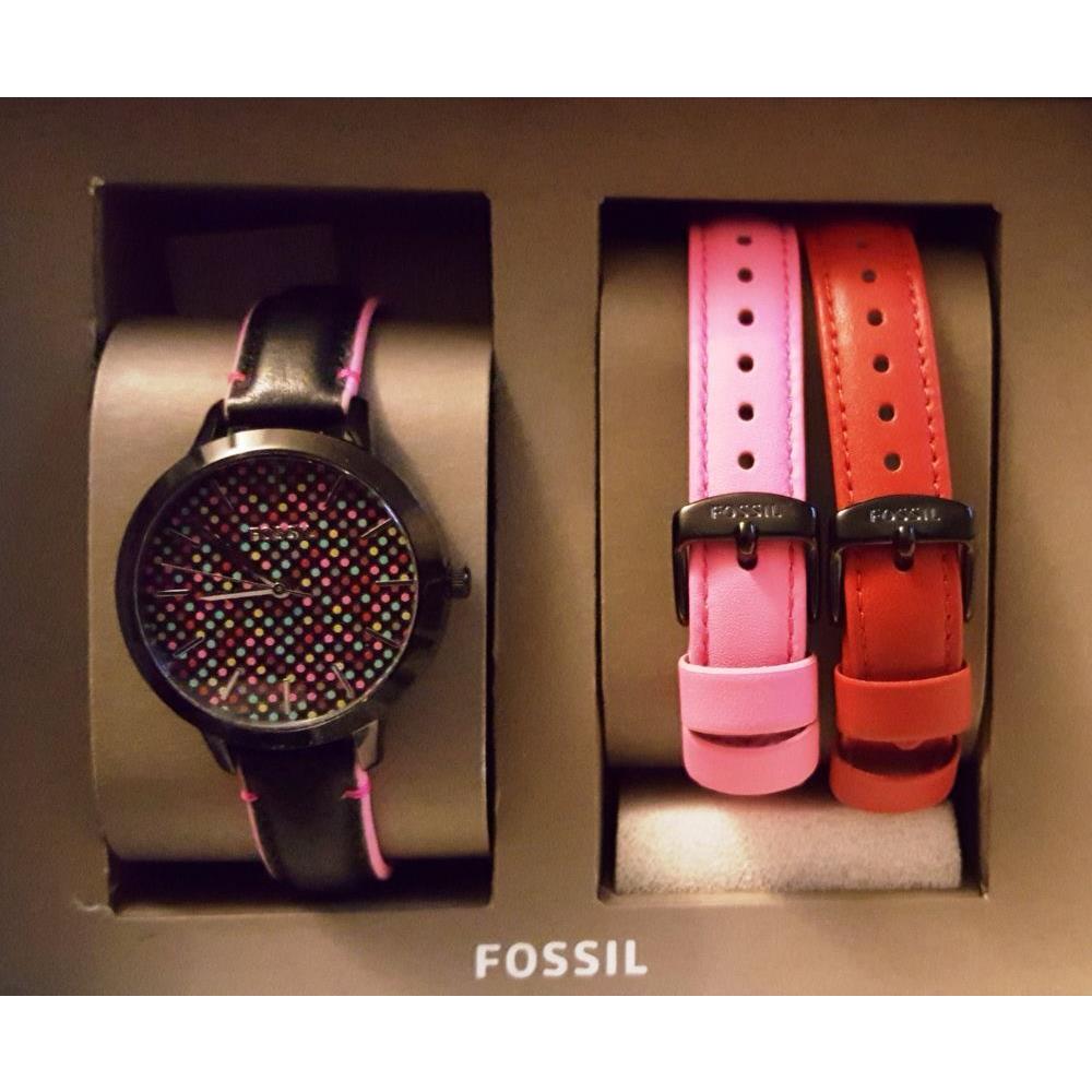 Fossil 3 PC Set Black Tone Black+red+pink Leather Band Polka Dot WATCH-BQ3151SET