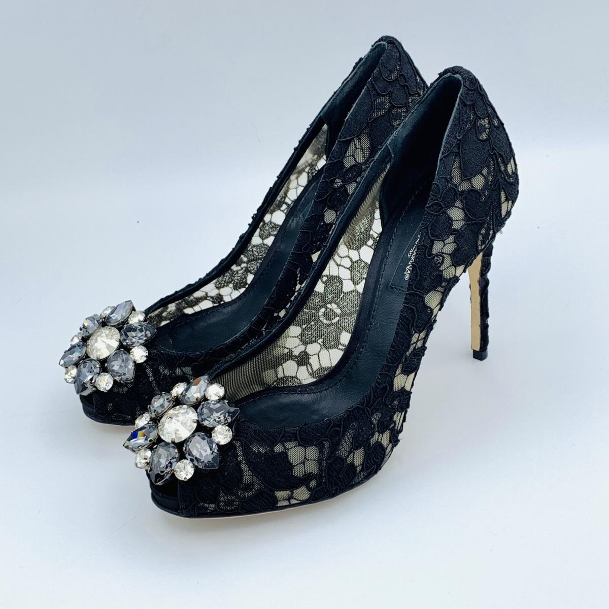 Dolce Gabbana Peep Toe Taormina Lace Black Crystal Pumps EU 36 / US 6