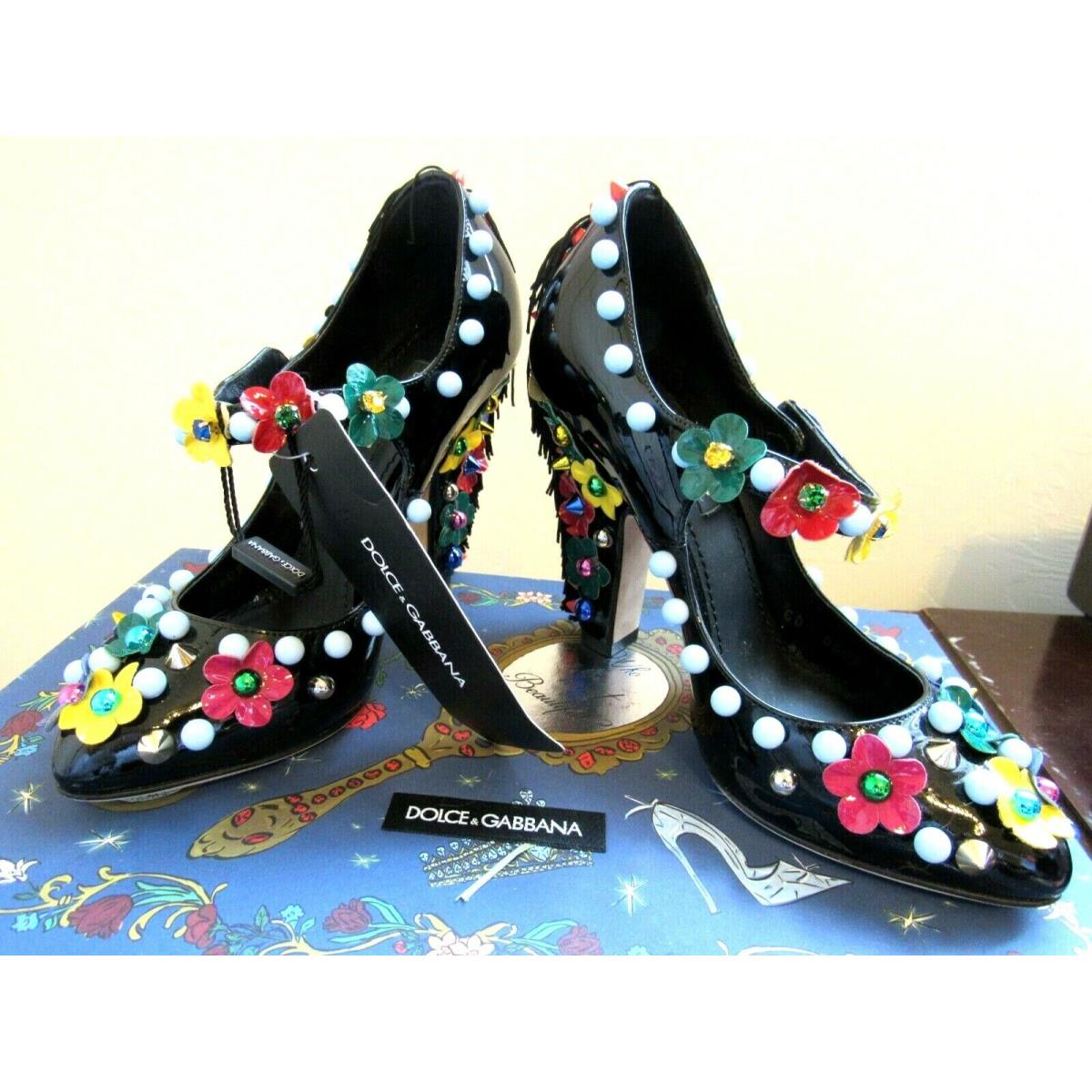 Dolce Gabbana Black Patent Leather Studded W/flowers+fringe Maryjane Pumps-36