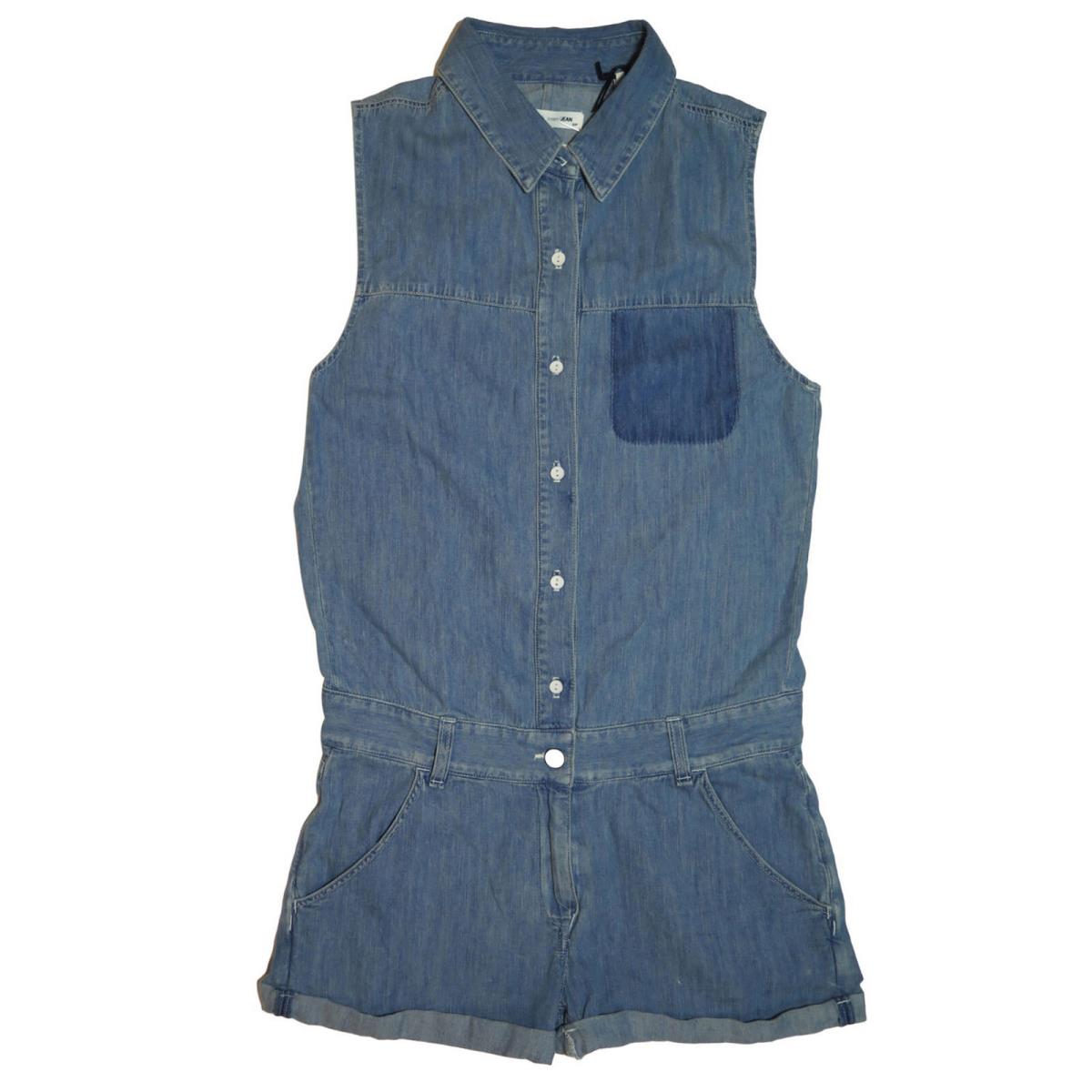 Rag Bone Women Denim Romper Button Down Collar Sleeveless Cut Out Back Blue