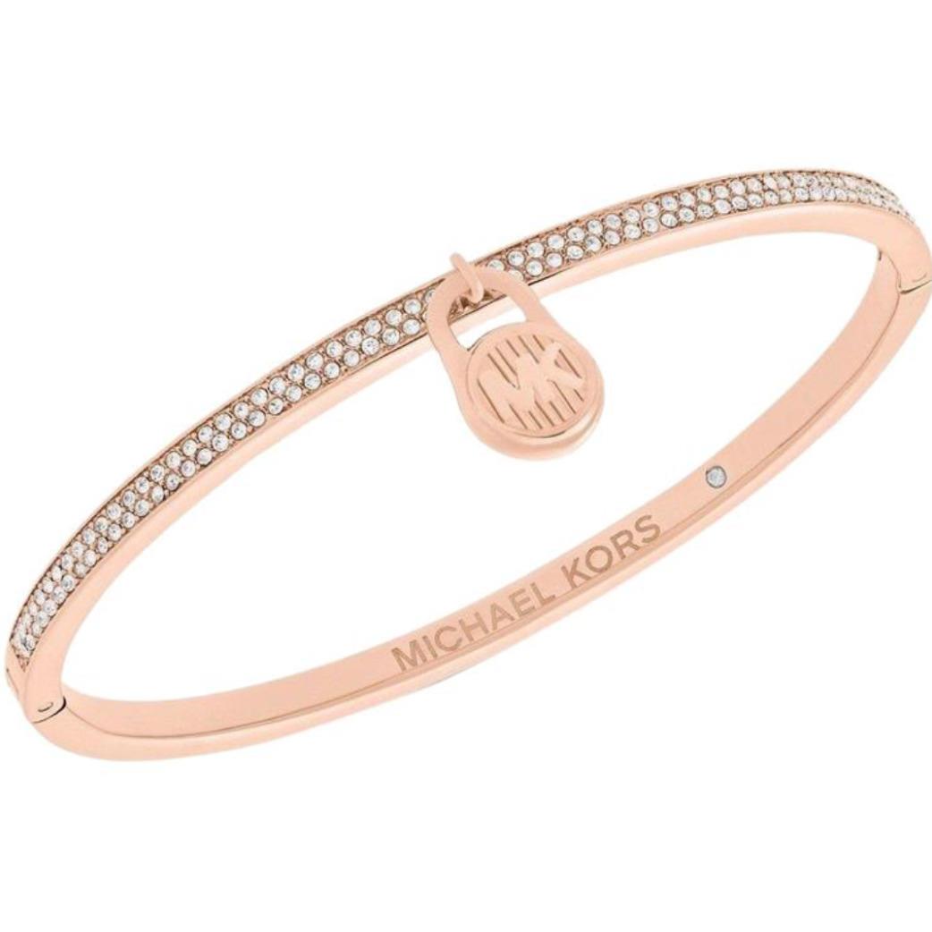 Michael Kors Rose Gold Tone Bangle Bracelet Padlock Crystals MKJ6990791+ MK Box