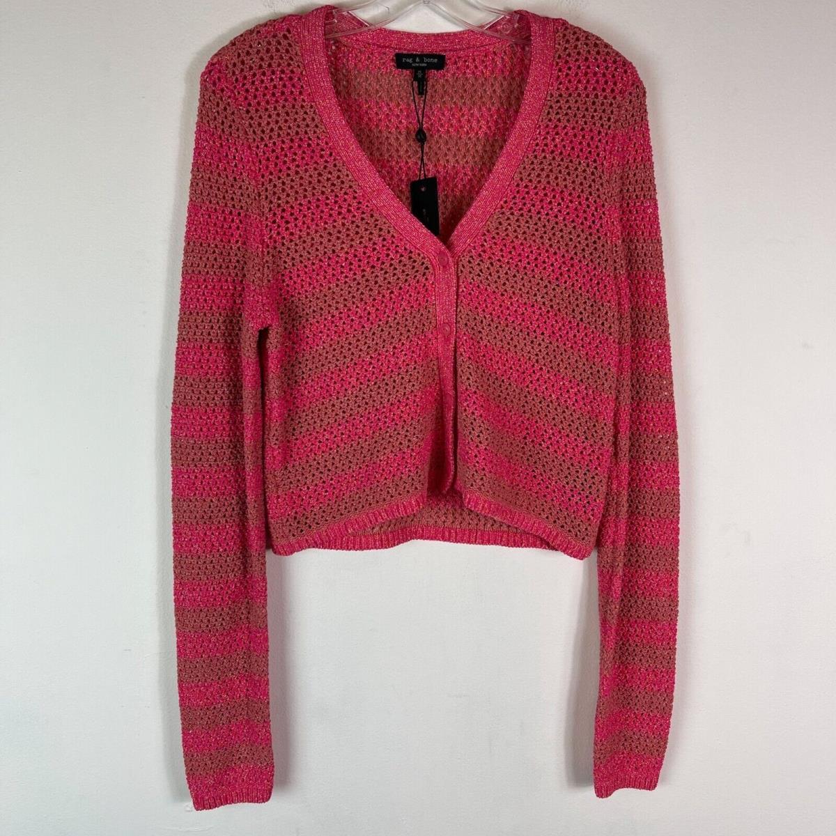 Rag Bone Women`s Carson Cropped Striped Open-knit Cardigan Pink Size M