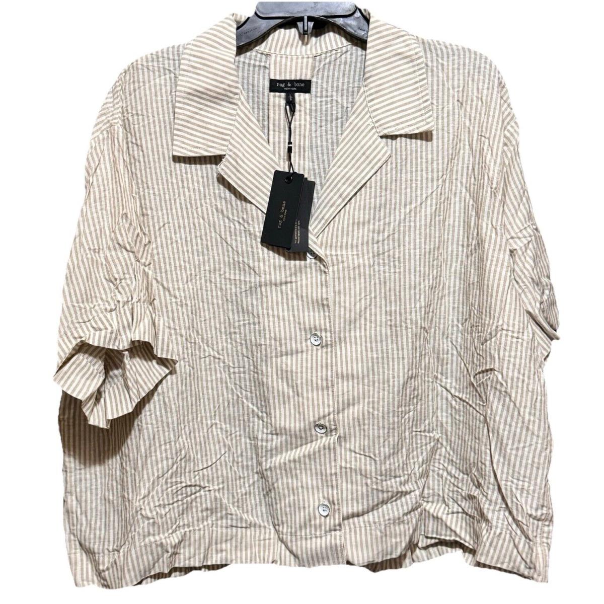 Rag Bone Reed Cotton Poplin Beige Stripe Button Down Shirt Sz Large