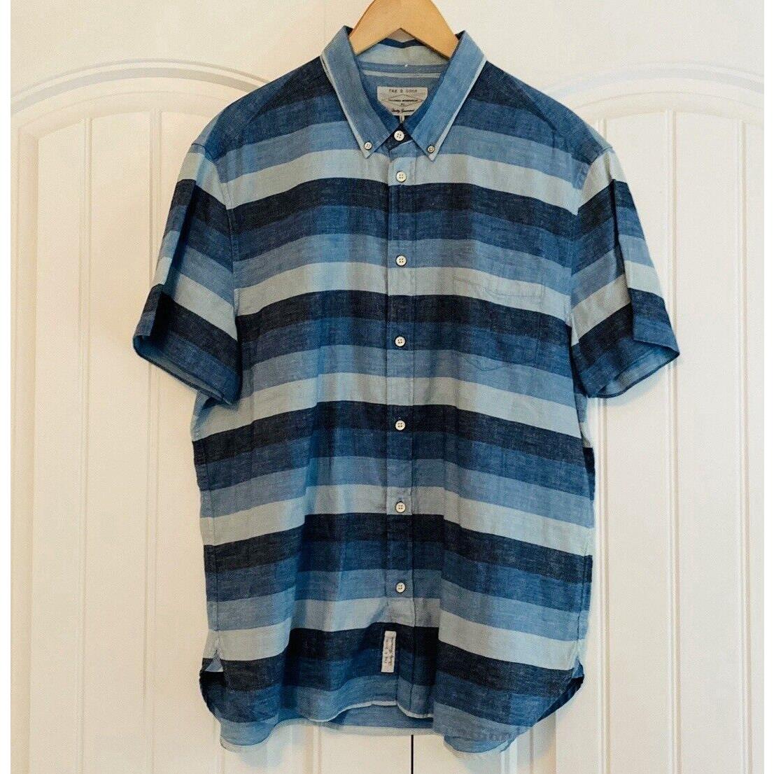 Rag Bone Men`s Short Sleeve Button Down Oxford Shirt Blue Indigo Size XL