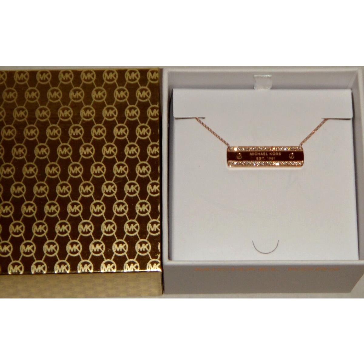 Michael Kors Women`s MK Logo Plaque Rose Gold Necklace Crystals MKJ5961791 + Box