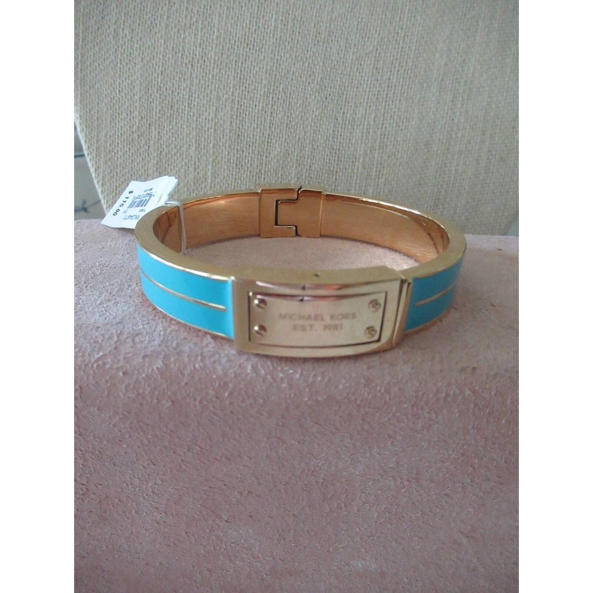 Michael Kors Logo Plaque Gold Tone Enamel Bangle Bracelet/turquoise/ Hinged