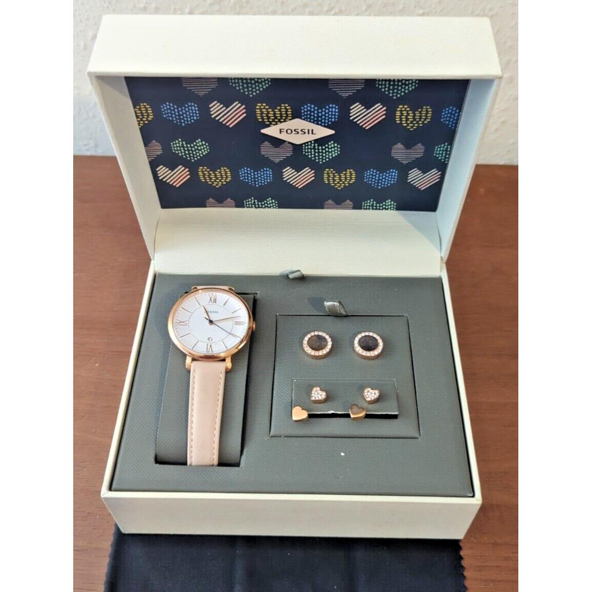 Fossil Jacqueline Blush Leather Watch Earrings Box Set