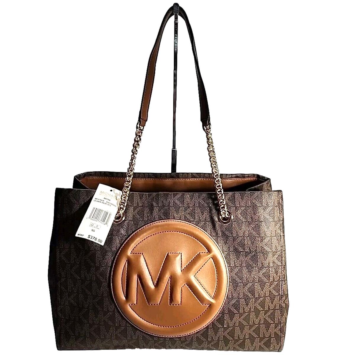 Michael Kors Brynn MK Logo Chain Shoulder Tote Bag Brown Luggage Large