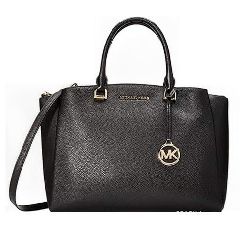 Michael Kors Maxine Medium Leather Satchel Bag-black/gold