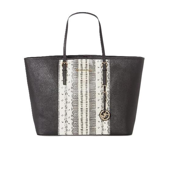 Michael Kors Jet Set Travel Center Stripe MK Medium Leather Tote-black/snake