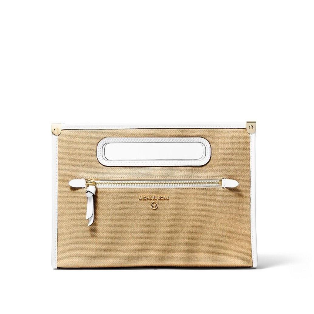 Michael Kors Jane Large Cotton Canvas Clutch Natural Optic White 30T1GJBC3K - Handle/Strap: White, Hardware: White, Exterior: Natural