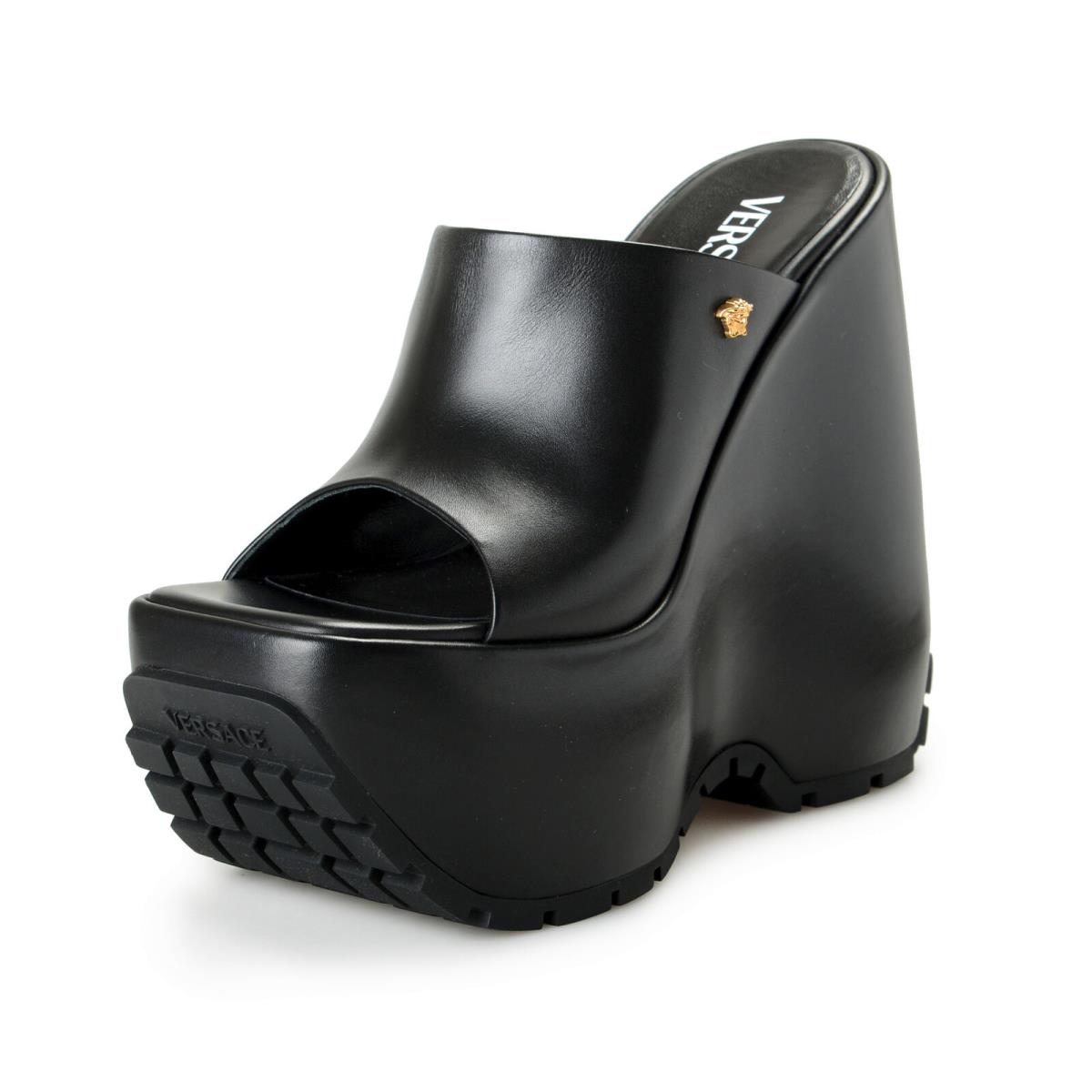 Versace Women`s Black Leather Platform Mule Sandals Shoes