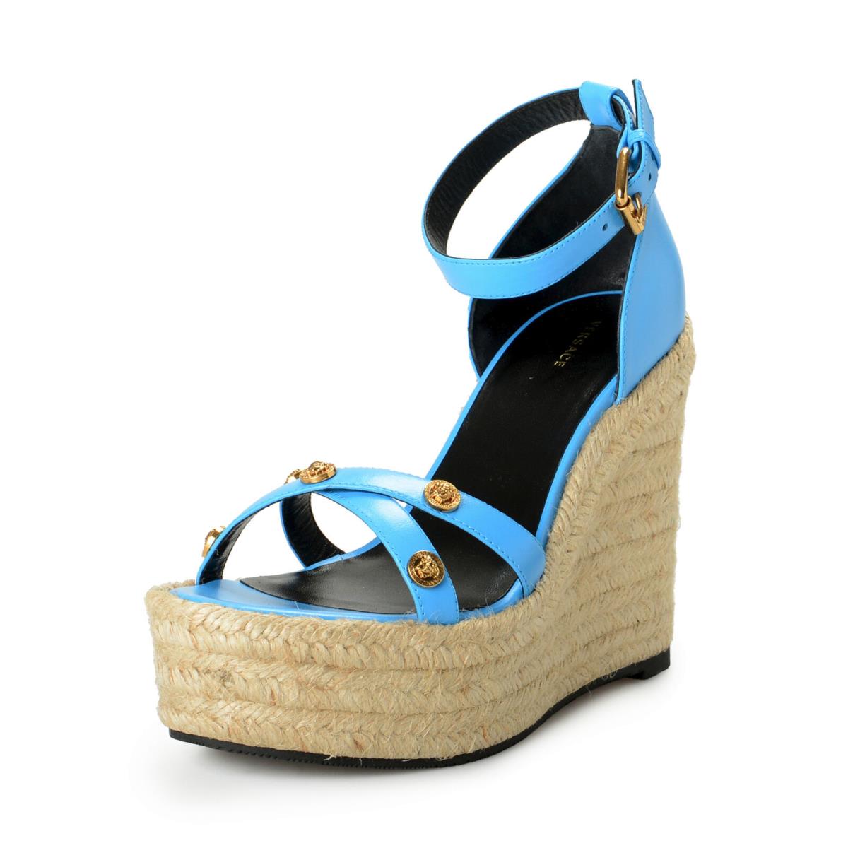 Versace Women`s Blue Gold Medusa Leather Ankle Strap Wedges Sandals Shoes