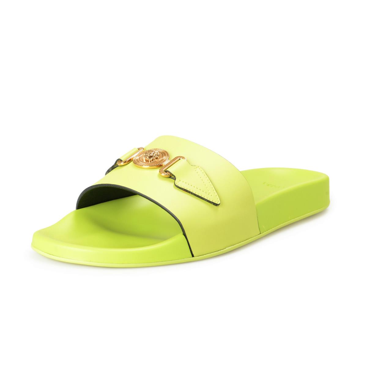 Versace Men`s Citron Gold Leather Sandals Flip Flops Pool Slides Shoes