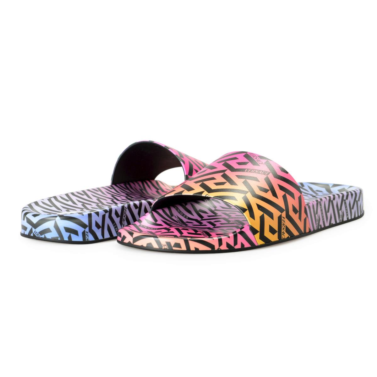 Versace Women`s Logo Print Rainbow Multi-color Pool Slide Flip Flops Shoes