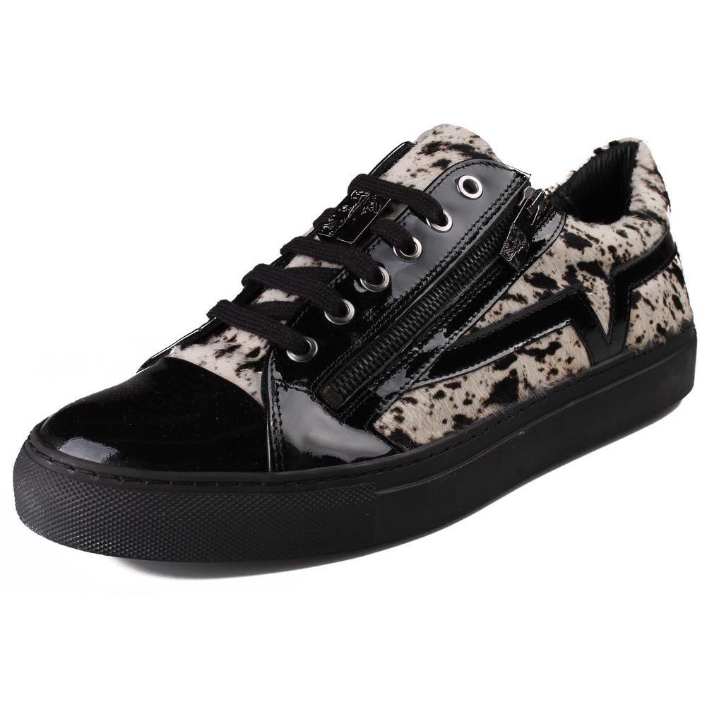 Versace Collection Black Pony Hair Patent Leather Lace Zip-up Fashion Sneaker NW