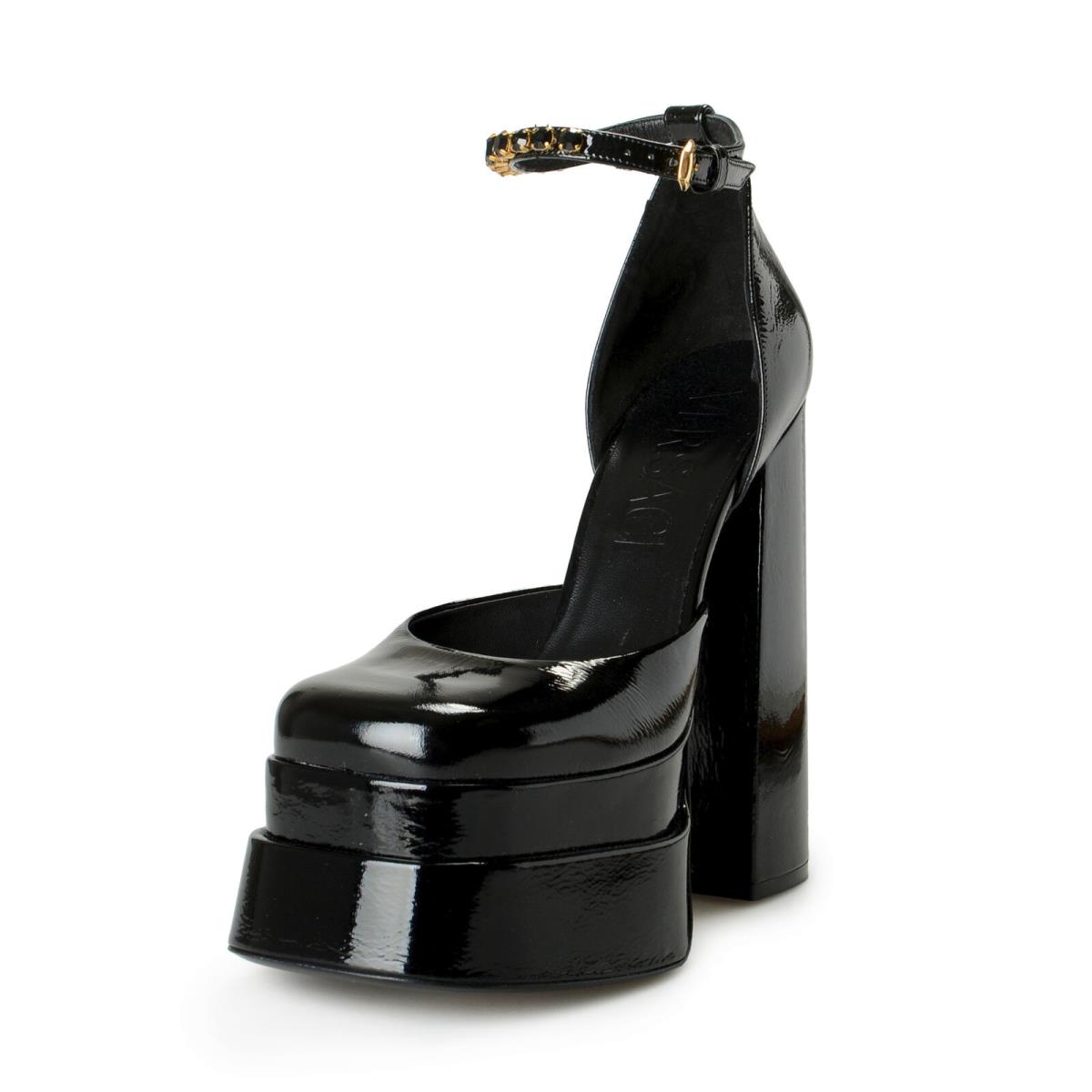 Versace Women`s Medusa Aevitas Black Leather Ankle Strap High Heel Pumps Shoes