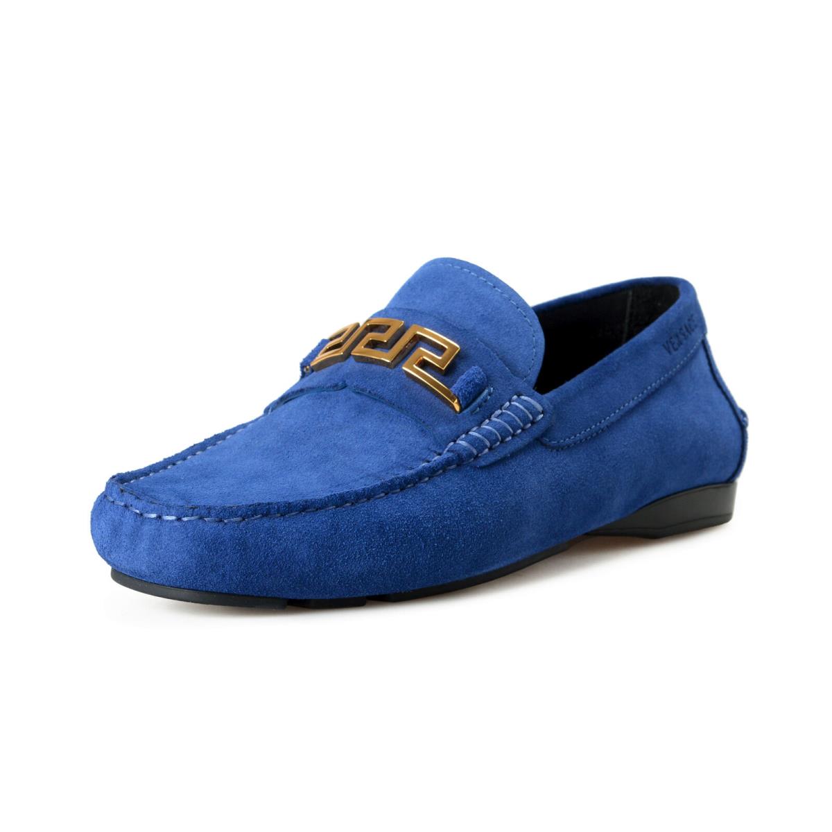 Versace Men`s Suede Leather Blue Driver Moccasin Slip On Loafers Shoes