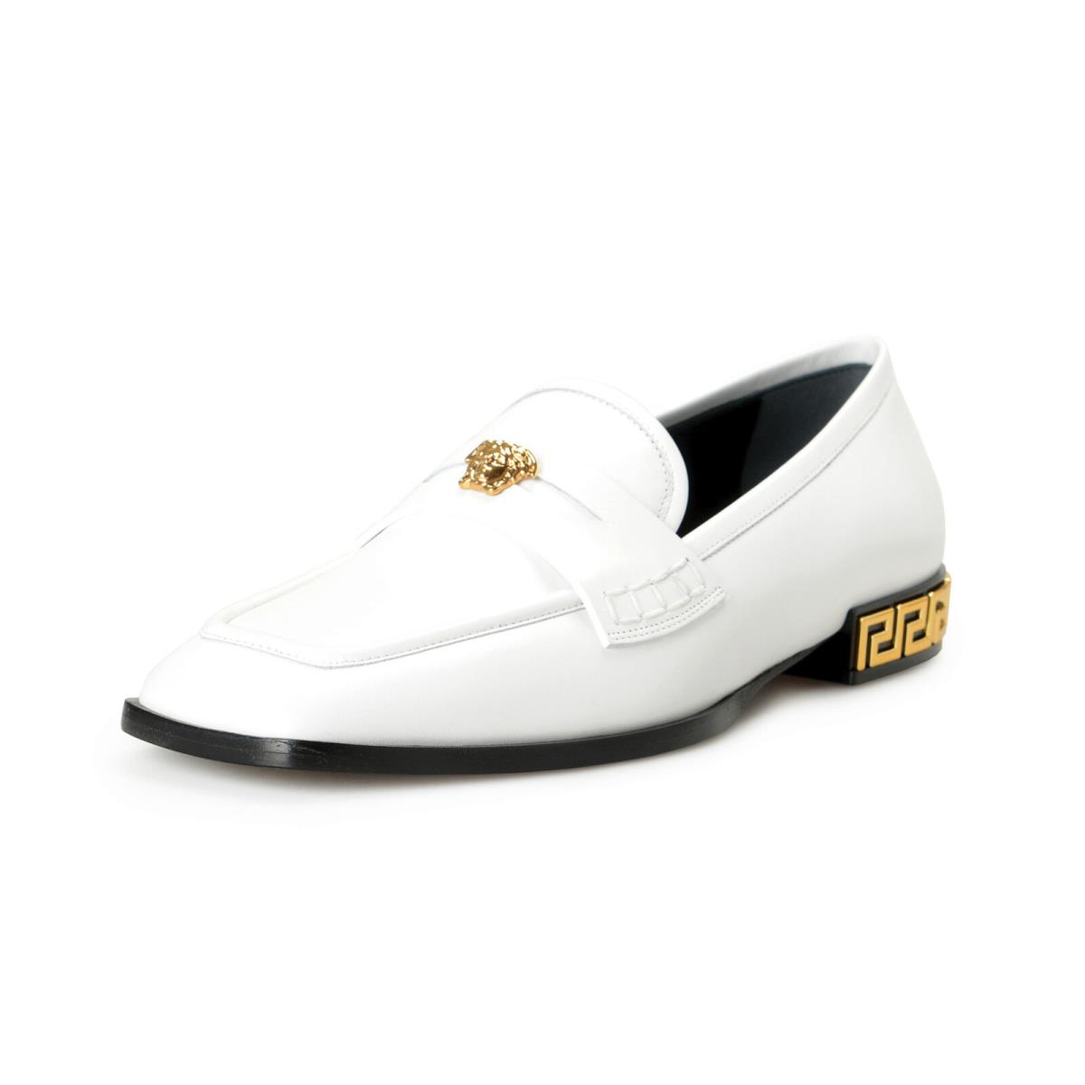 Versace Women`s White Leather Gold Medusa Loafers Slip On Flats Shoes