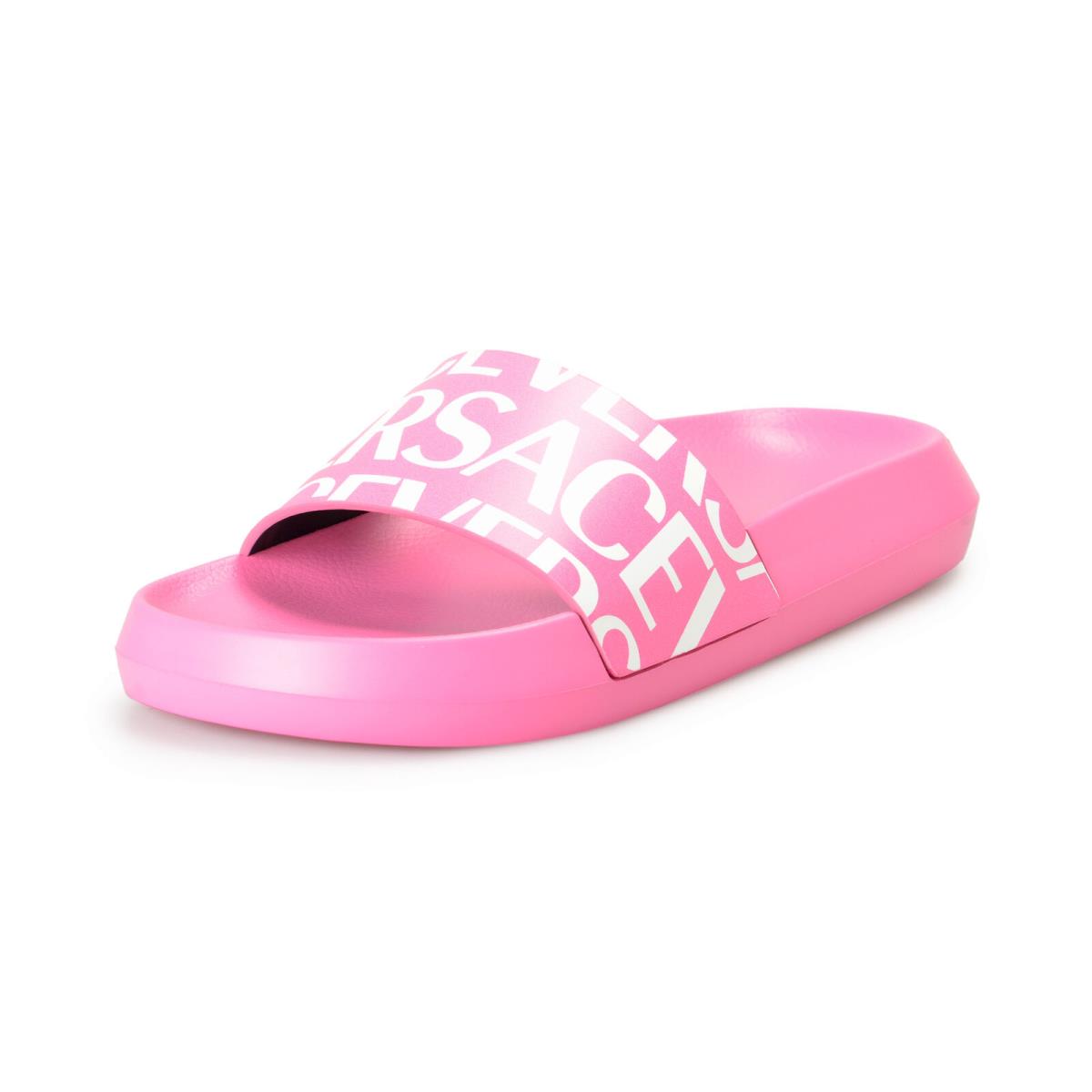 Versace Women`s Light Pink Logo Print Leather Sandals Flip Flops Shoes